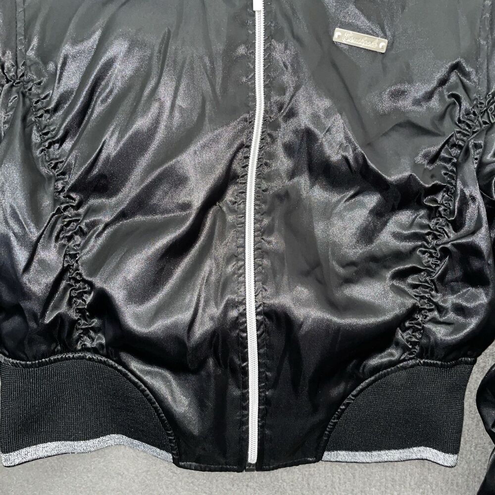 Southpole Women M Cropped Bomber Jacket Black Ruched Satin Y2K Gorpcore Tech - Picture 7 of 16